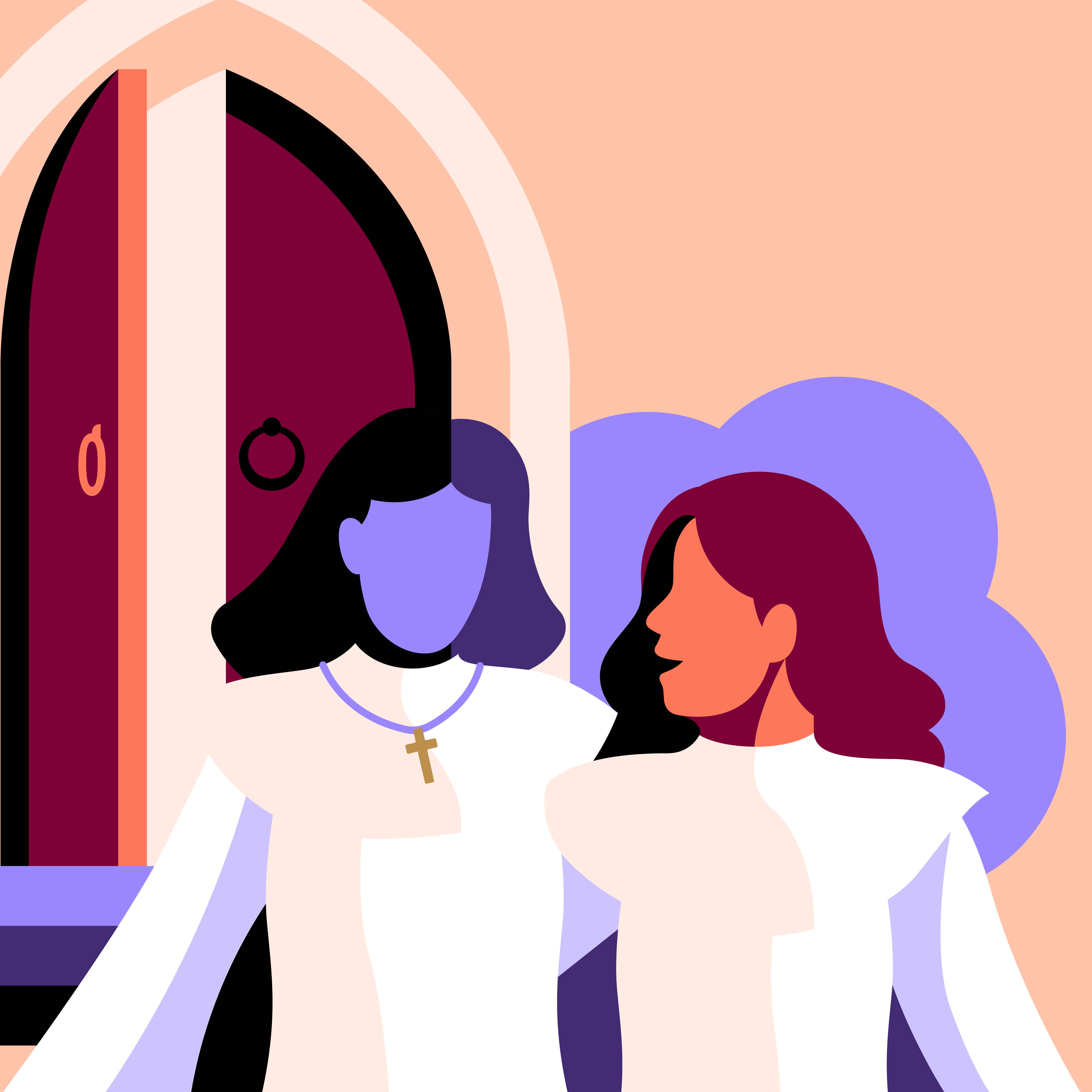 Illustration av två konfirmander som går ut ur kyrkan.