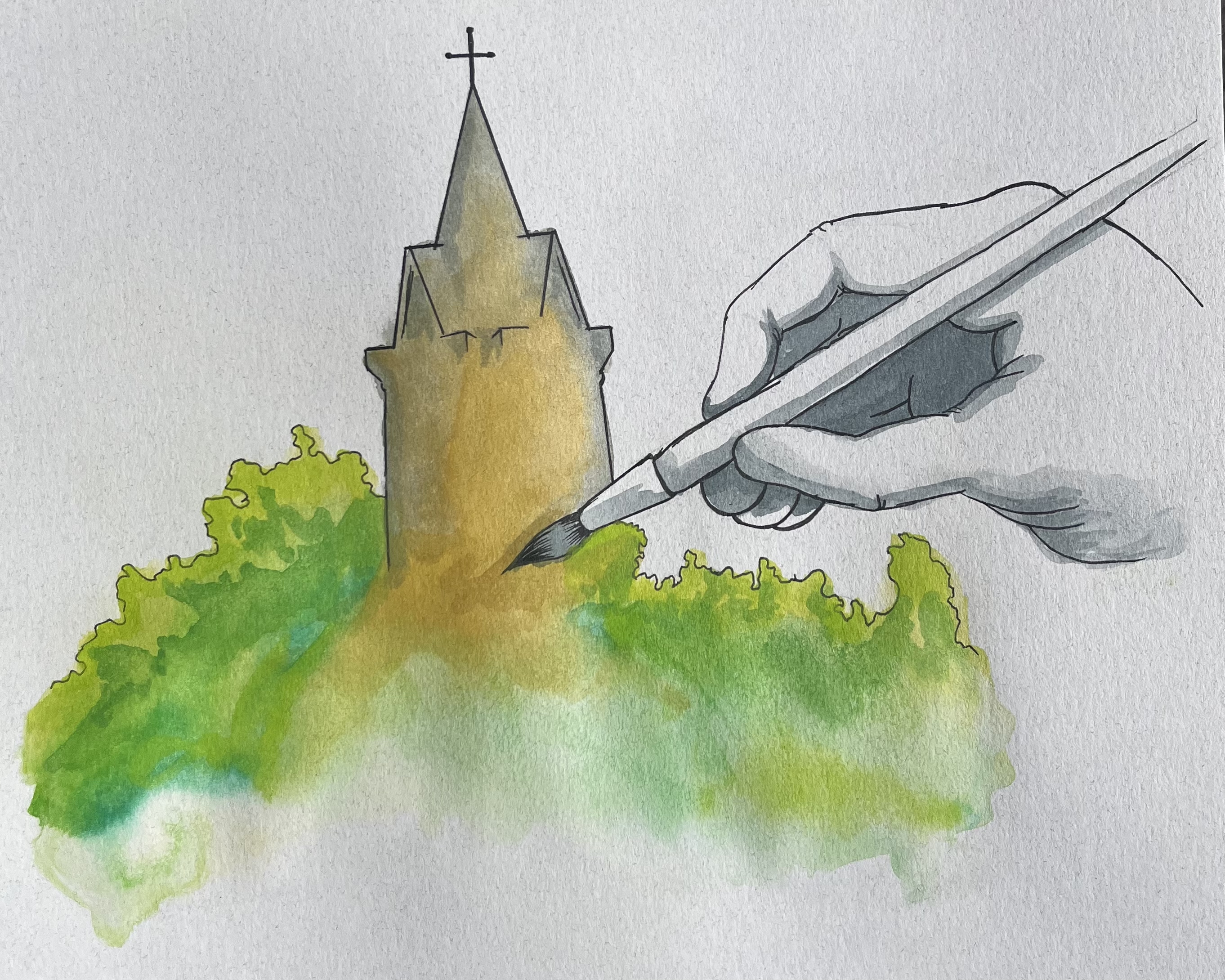 En bild på en akvarell av en kyrka med lummig grönska omkring. En målad hand syns rita på bilden.