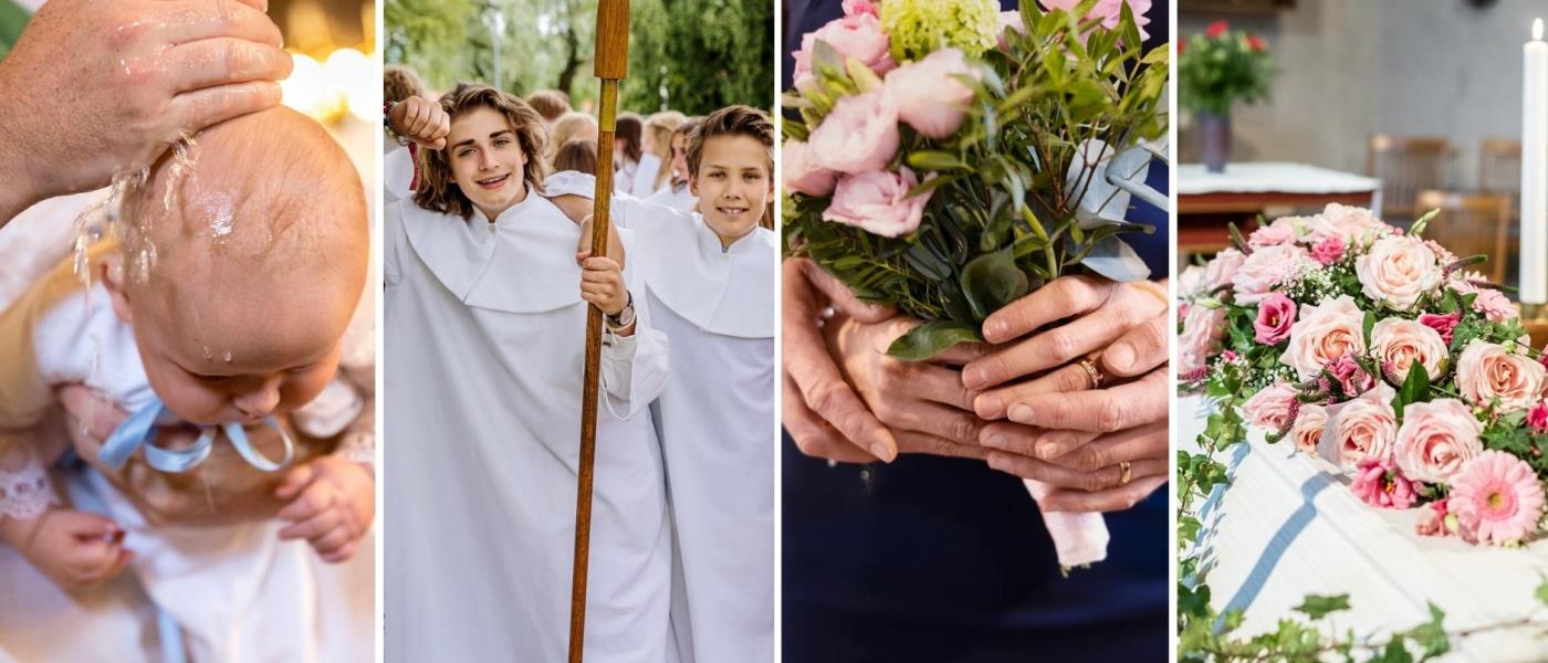 Bebis som döps, ungdom i vit konfirmandkåpa som håller i ett kors, händer på ett brudpar där de håller en brudbukett, kista med blomdekoration
