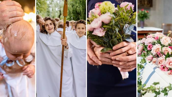 Bebis som döps, ungdom i vit konfirmandkåpa som håller i ett kors, händer på ett brudpar där de håller en brudbukett, kista med blomdekoration