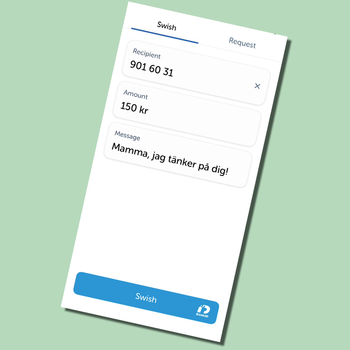 Bild mot ljusgrön bakgrund på en mobiltelefonskärm med swish öppet