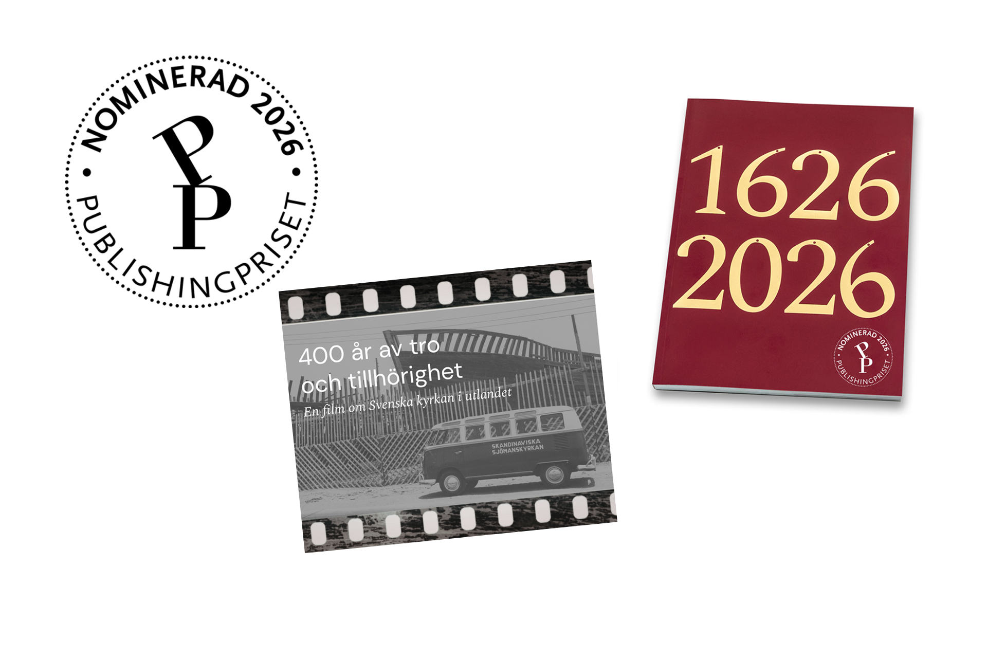 Emblem för nominering till Publishingpriset 2026, svartvit bild på film, bokomslag jubileumsbok