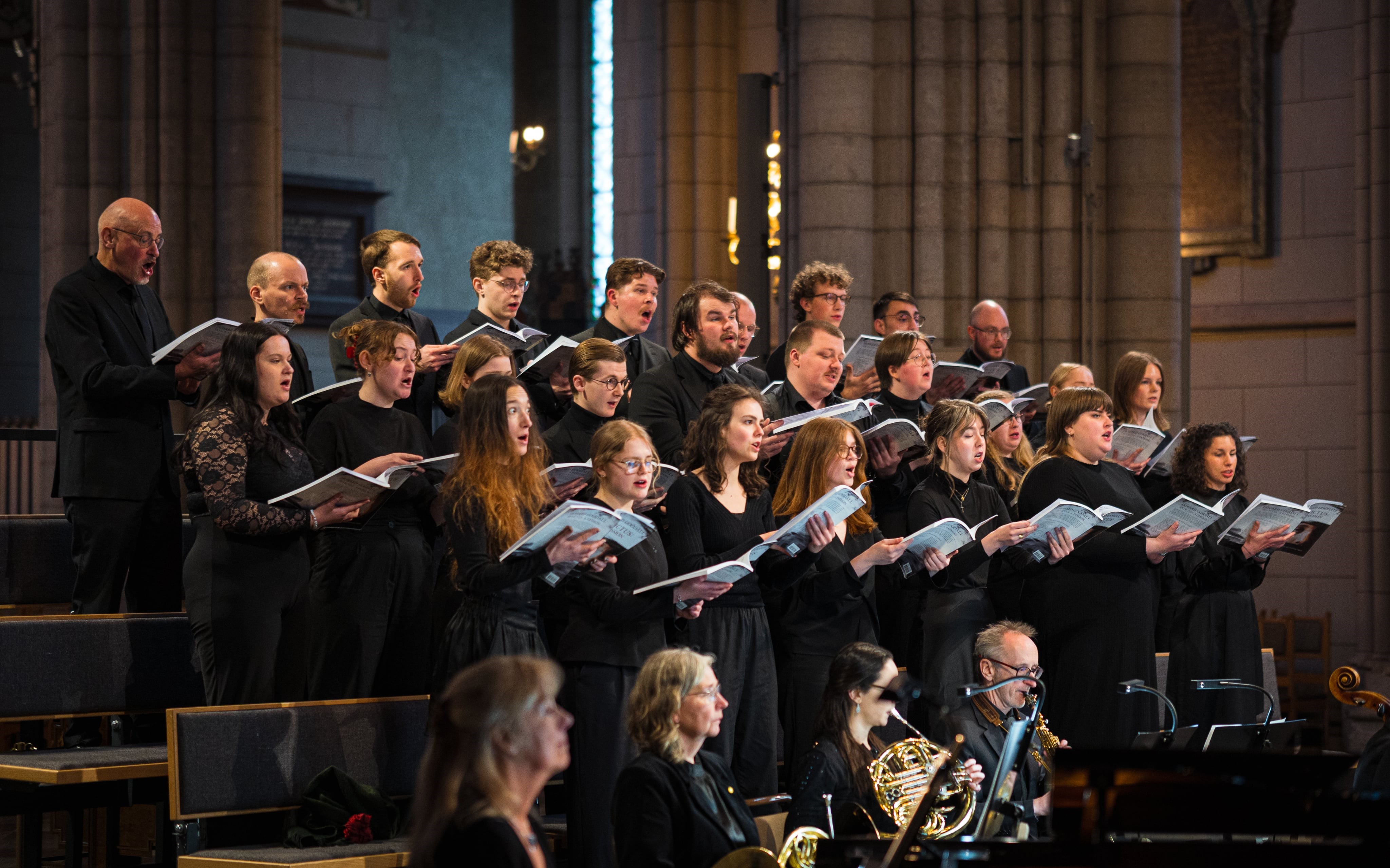 Kören Schola Cantorum sjunger i Uppsala domkyrkas korsmitt, iklädda mörka kläder och med notpärmarna i högsta hugg.