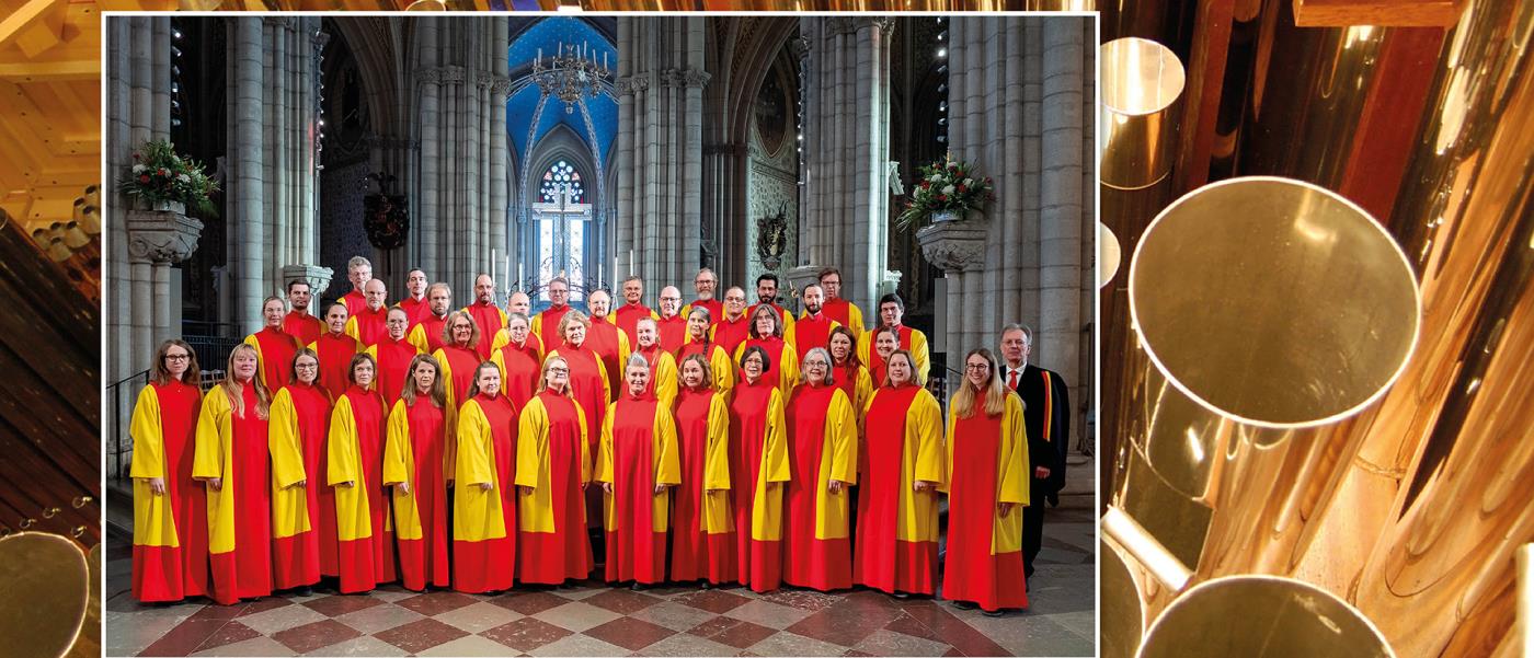 Kören Collegium Cantorum står uppställd i domkyrkans korsmitt iförda sina klart röda och gula kåpor.