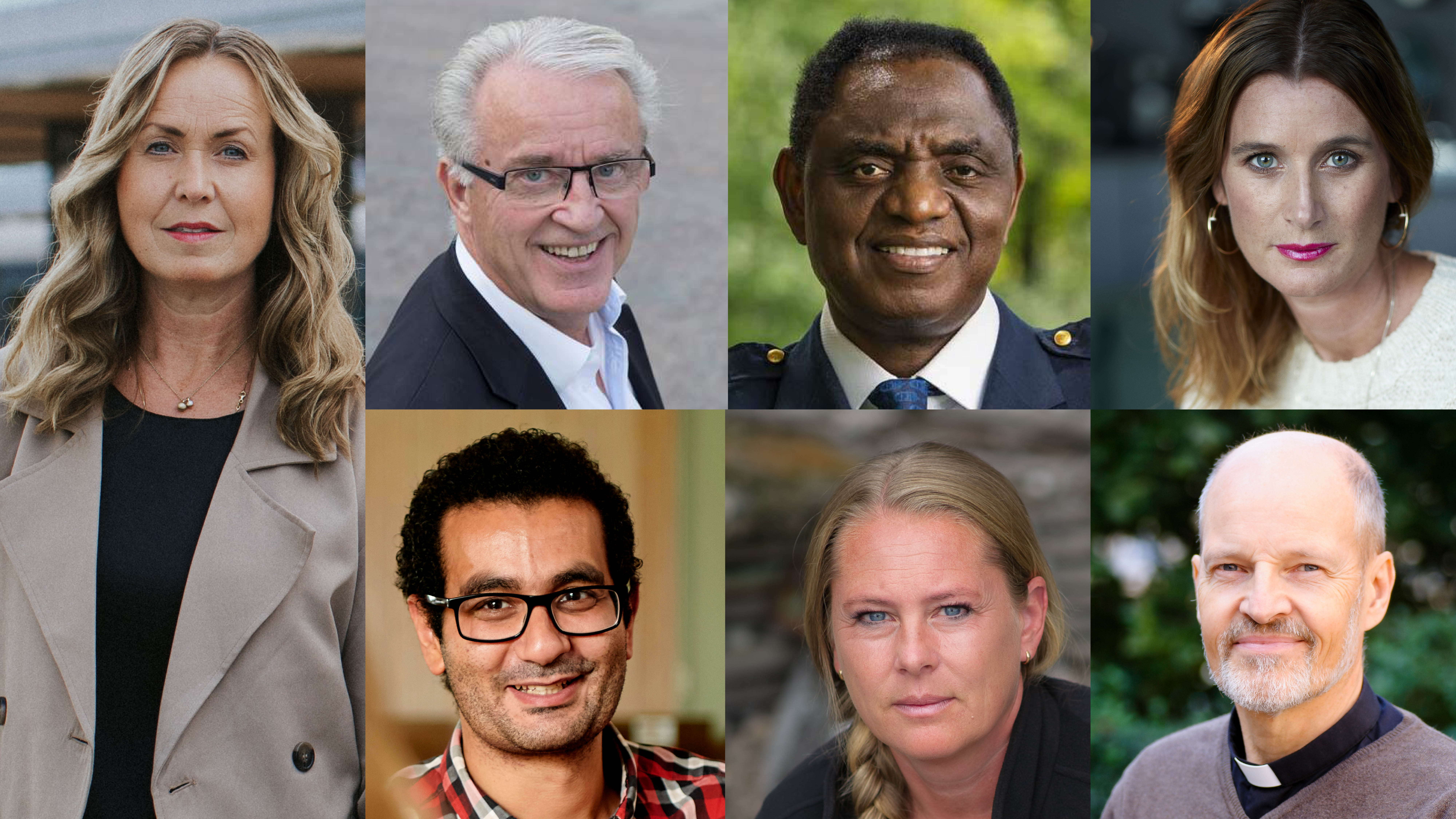 Medsols från vänster: Ruth Nordström, Fred Nyberg, Jacques Mwepu, Lisa dos Santos, Anders Göranzon, Hilde Wiberg och Mina Gerges.