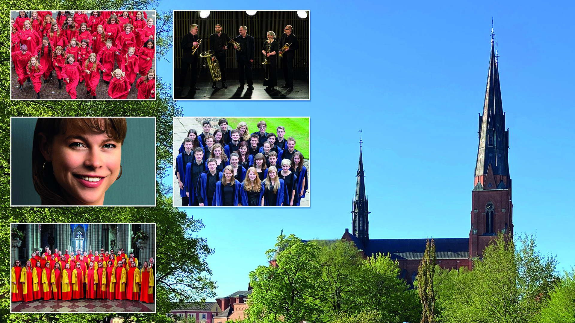 Domkyrkan syns med sina torn mot sommarhimlen till vänster. Till höger syns fem bilder föreställande körer och musiker som framträder i domkyrkan sommaren 2023.