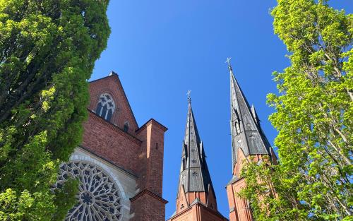 Uppsala domkyrka sedd från norr mellan majgrönskande träd mot klarblå himmel, med Andens fönster i förgrunden.