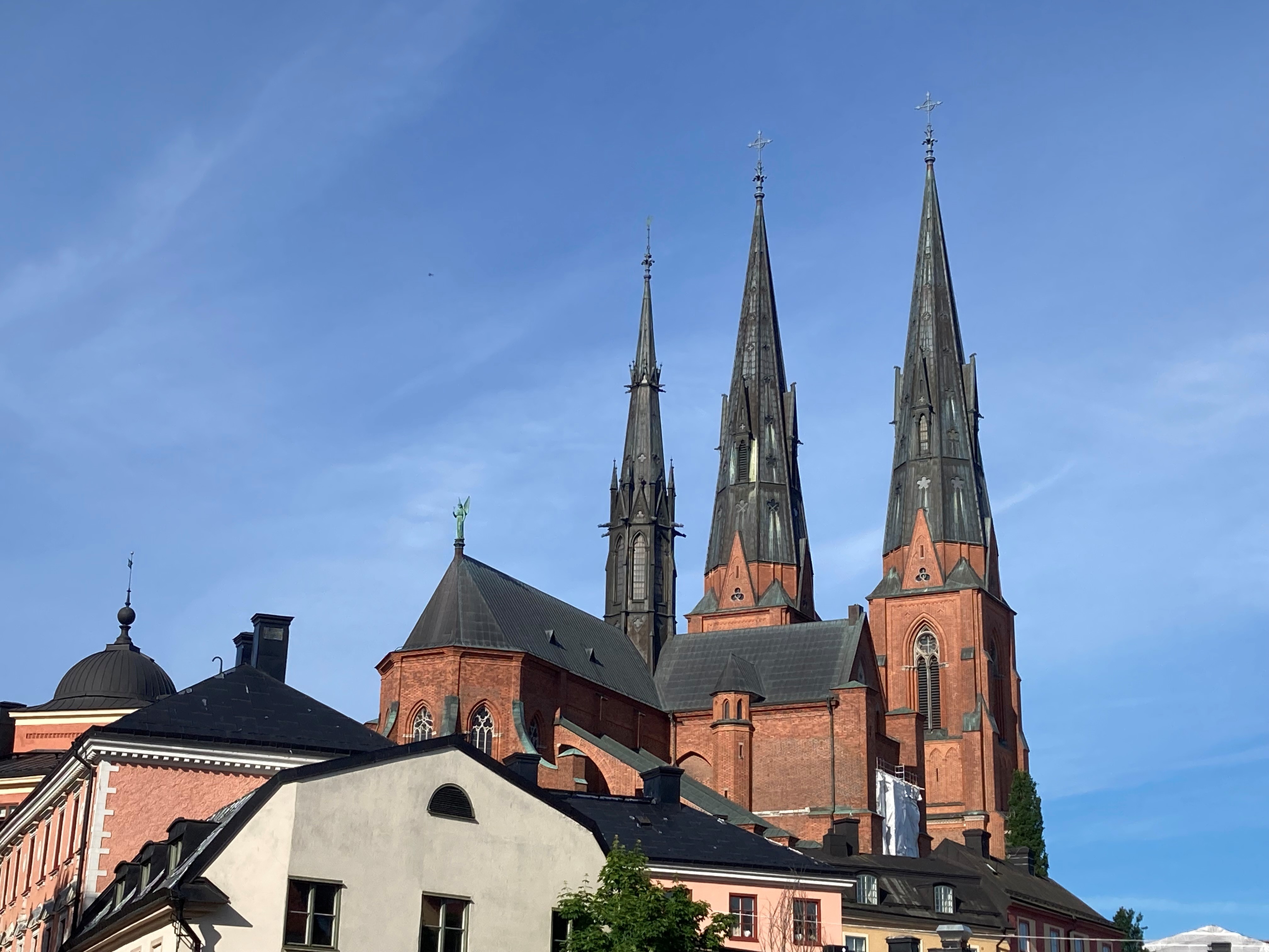 Himmelsblå morgonvy över Uppsala domkyrka från Gamla torget i Uppsala, med kyrkan sedd från nordost med ängeln och takryttaren i förgrunden.
