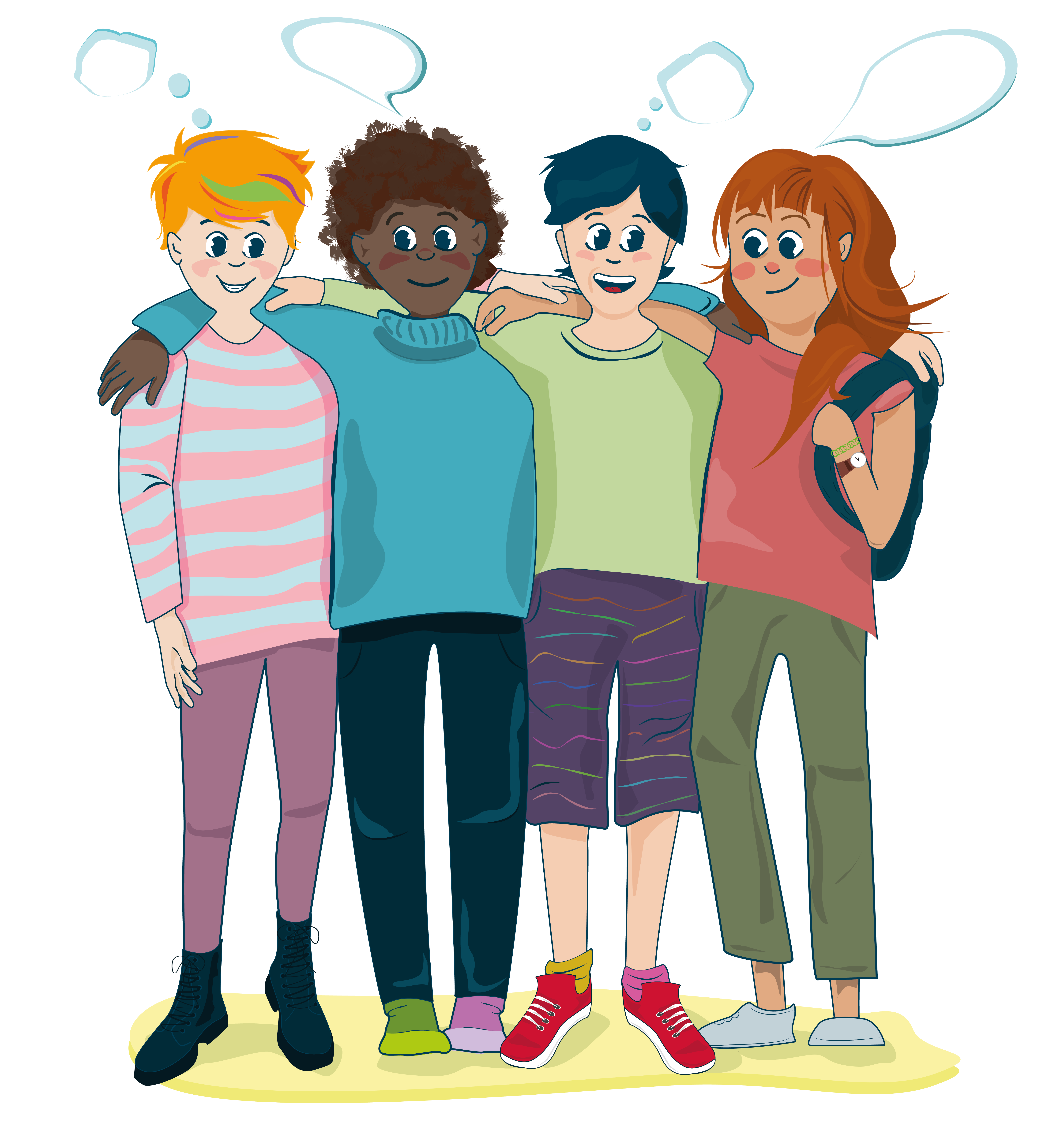 Fyra barn står och håller om varandra.