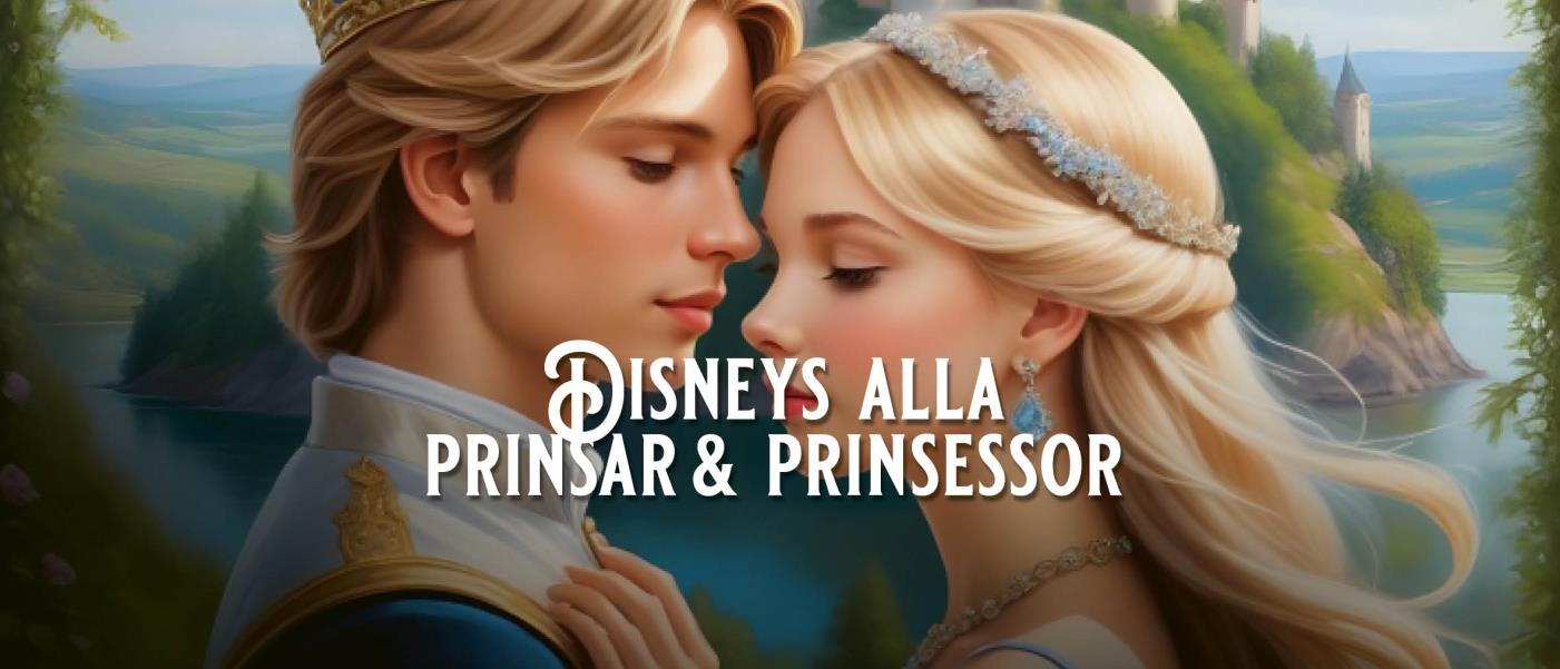 Klassisk Disneyprins och Disneyprinsessa omfamnar varandra. 