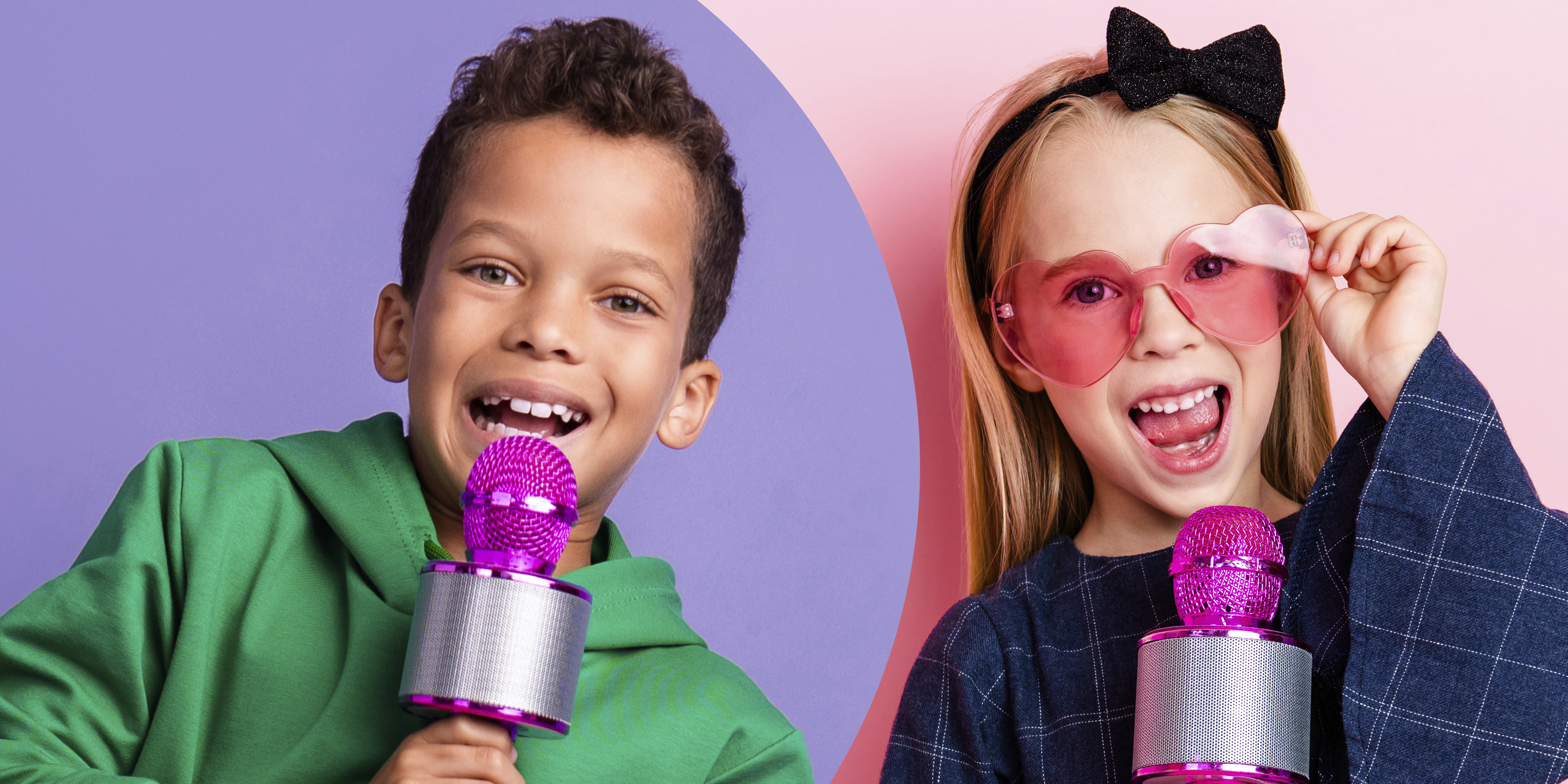 Till vänster: Glad kille sjunger. Till höger: Glad tjej sjunger. 