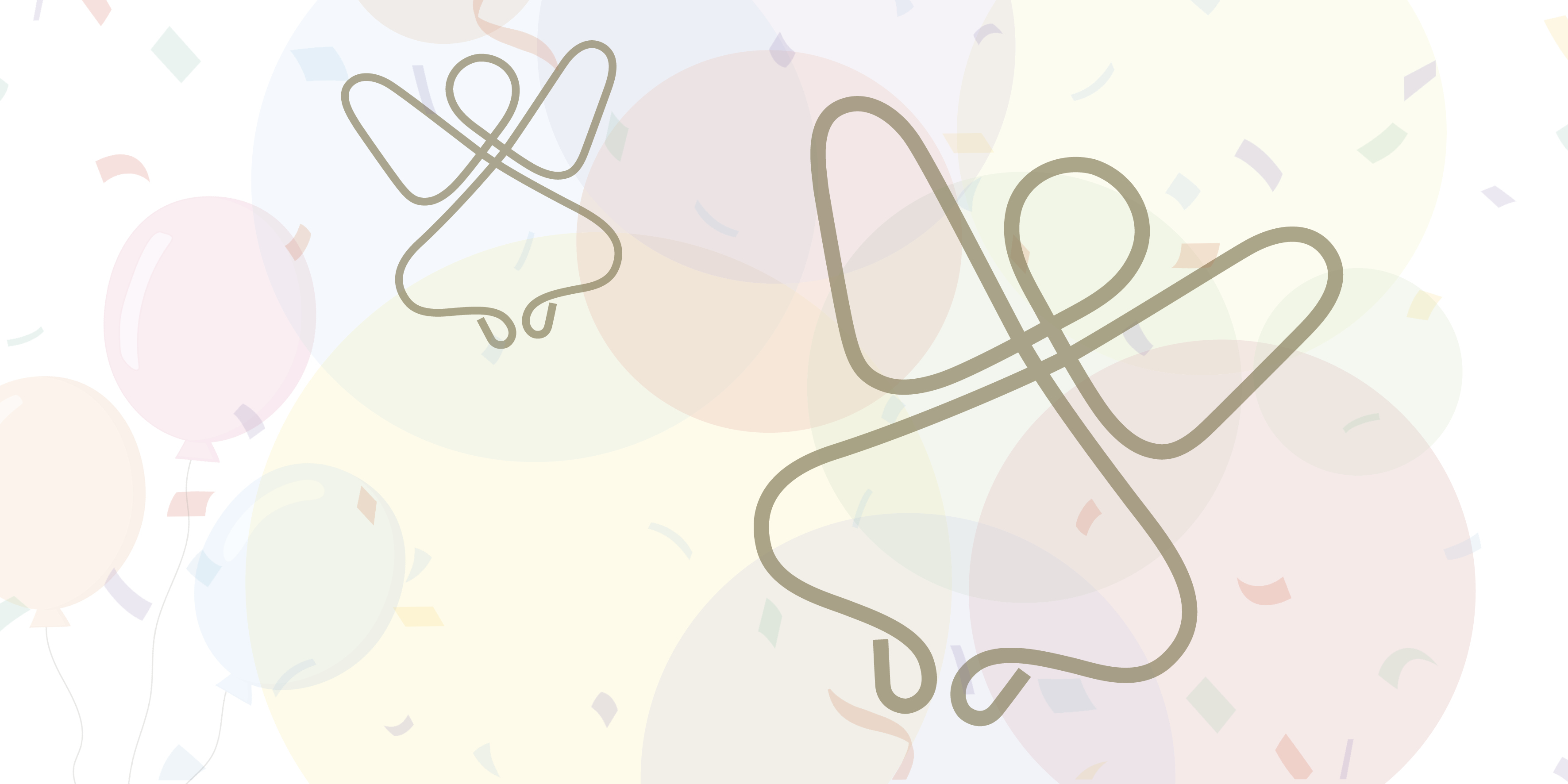 Dopänglar mot pastellfärgad bakgrund med ballonger, cirklar och konfetti. 