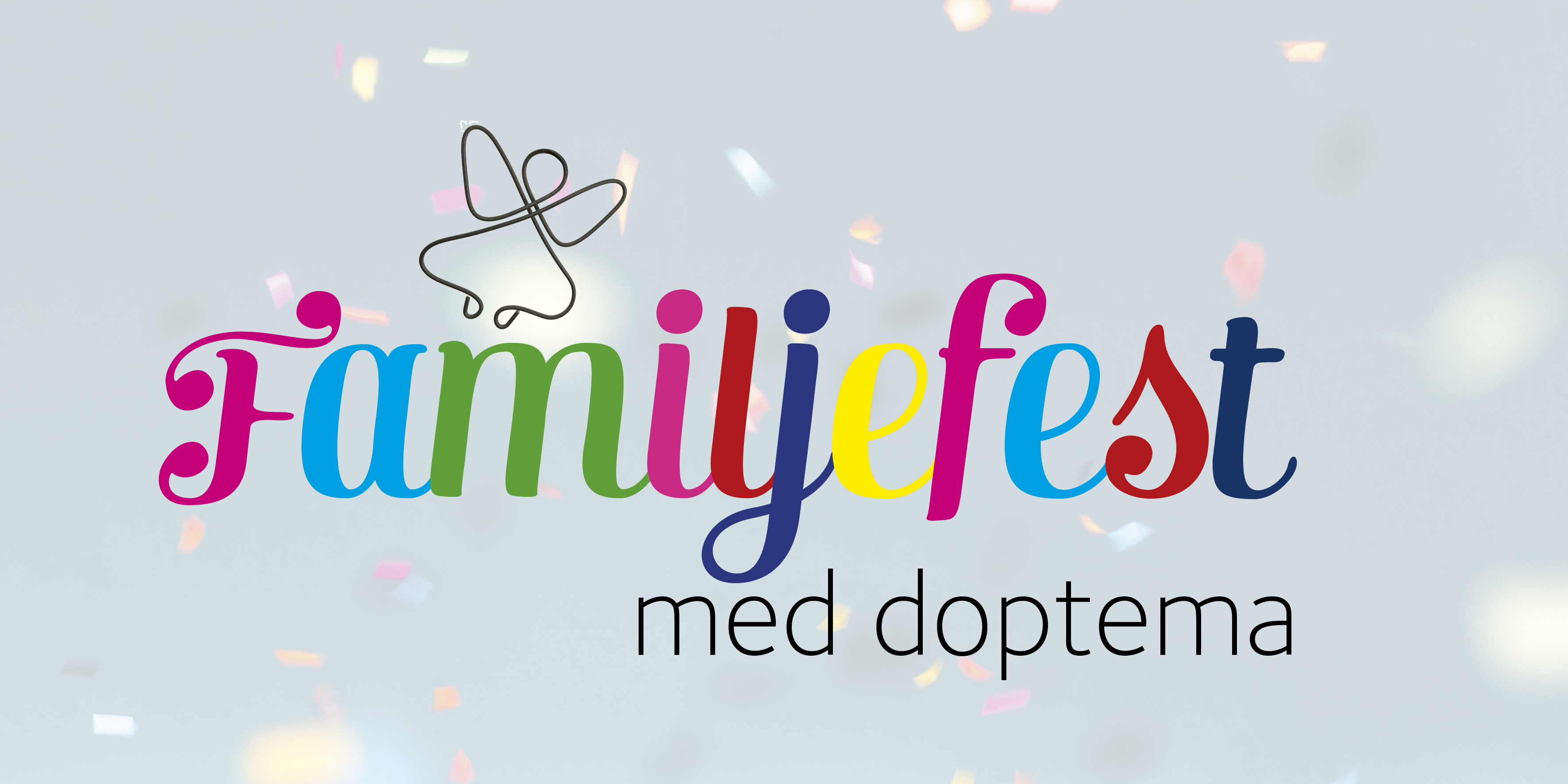 Festlig blå bakgrund med konfetti och text: Familjefest med deoptema. 