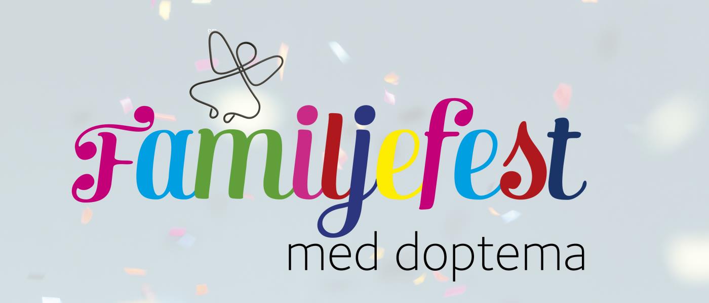 Festlig blå bakgrund med konfetti och text: Familjefest med deoptema. 