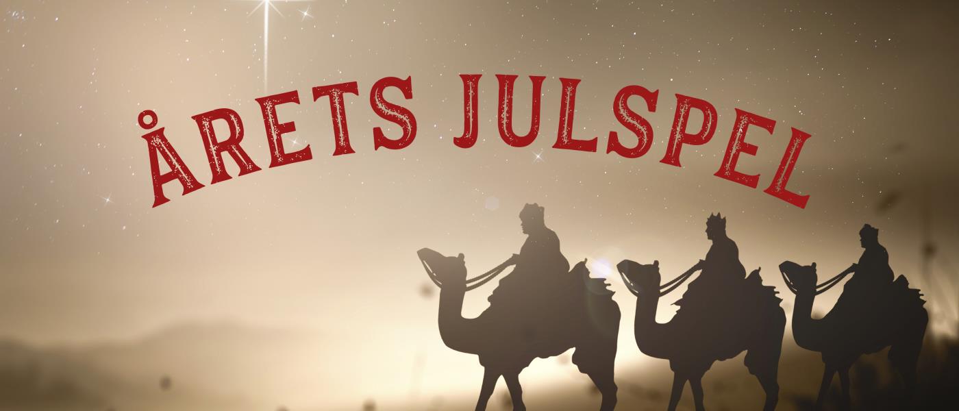 Text Årets julspel på bakgrund med de tre vise männen och stjärnan.