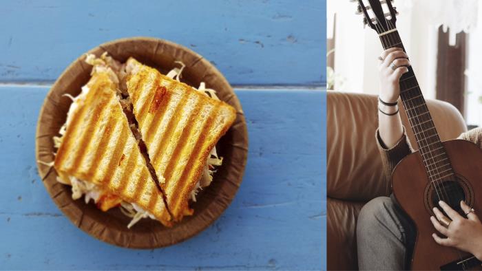 Delad bild med toast och människa som spelar gitarr.