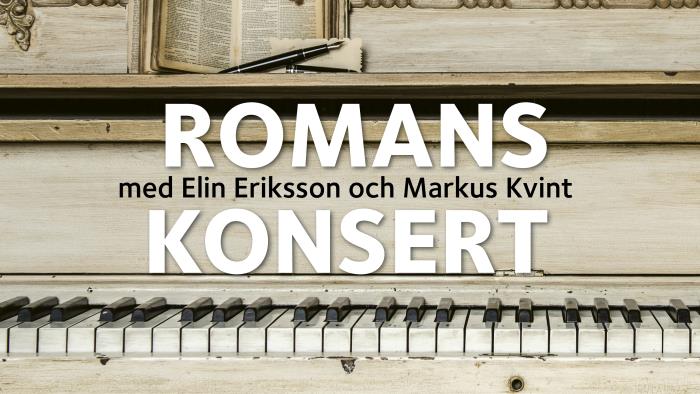 Gammal piano i bakgrunden med information om romanskonsert i Skanörs kyrka den 23 april. 