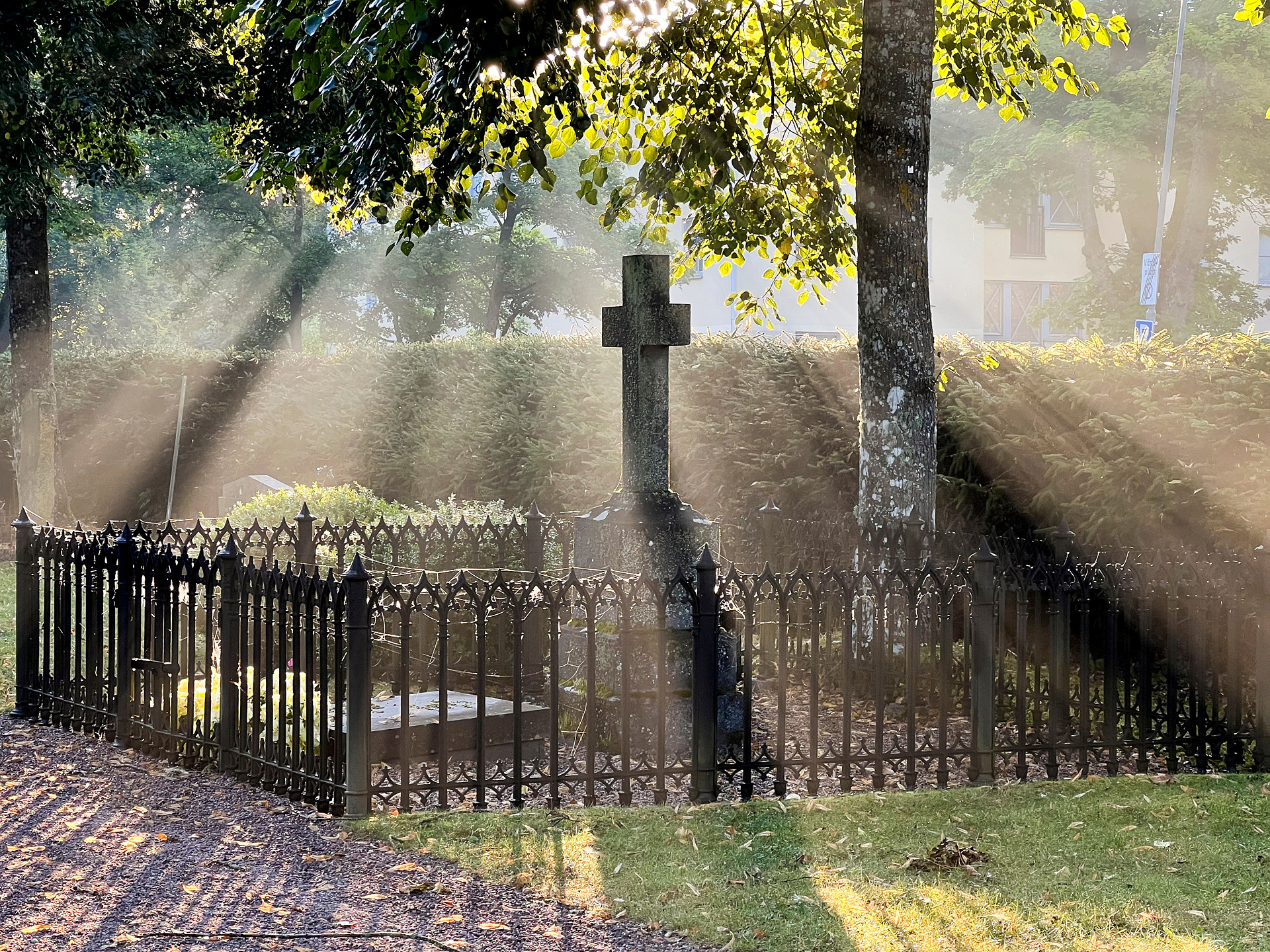 Vacker kyrkogård i morgonljus