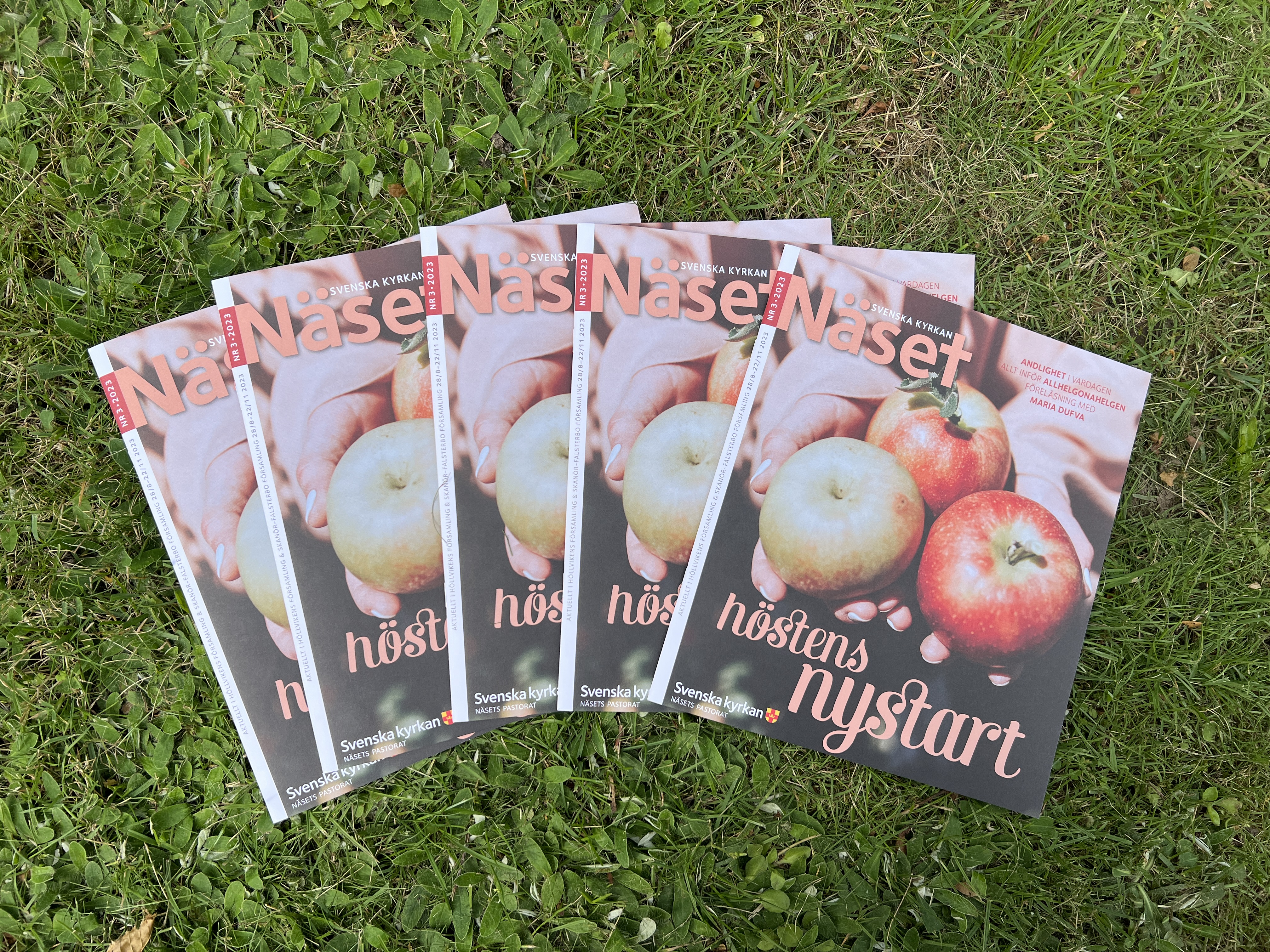 Flera nummer av pastoratstidningen Näset ligger utspridda i gröngräset. 