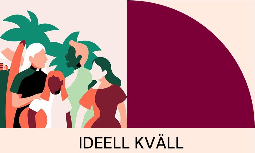 En bild enligt Svenska kyrkans grafiska profil som visar några människor.
