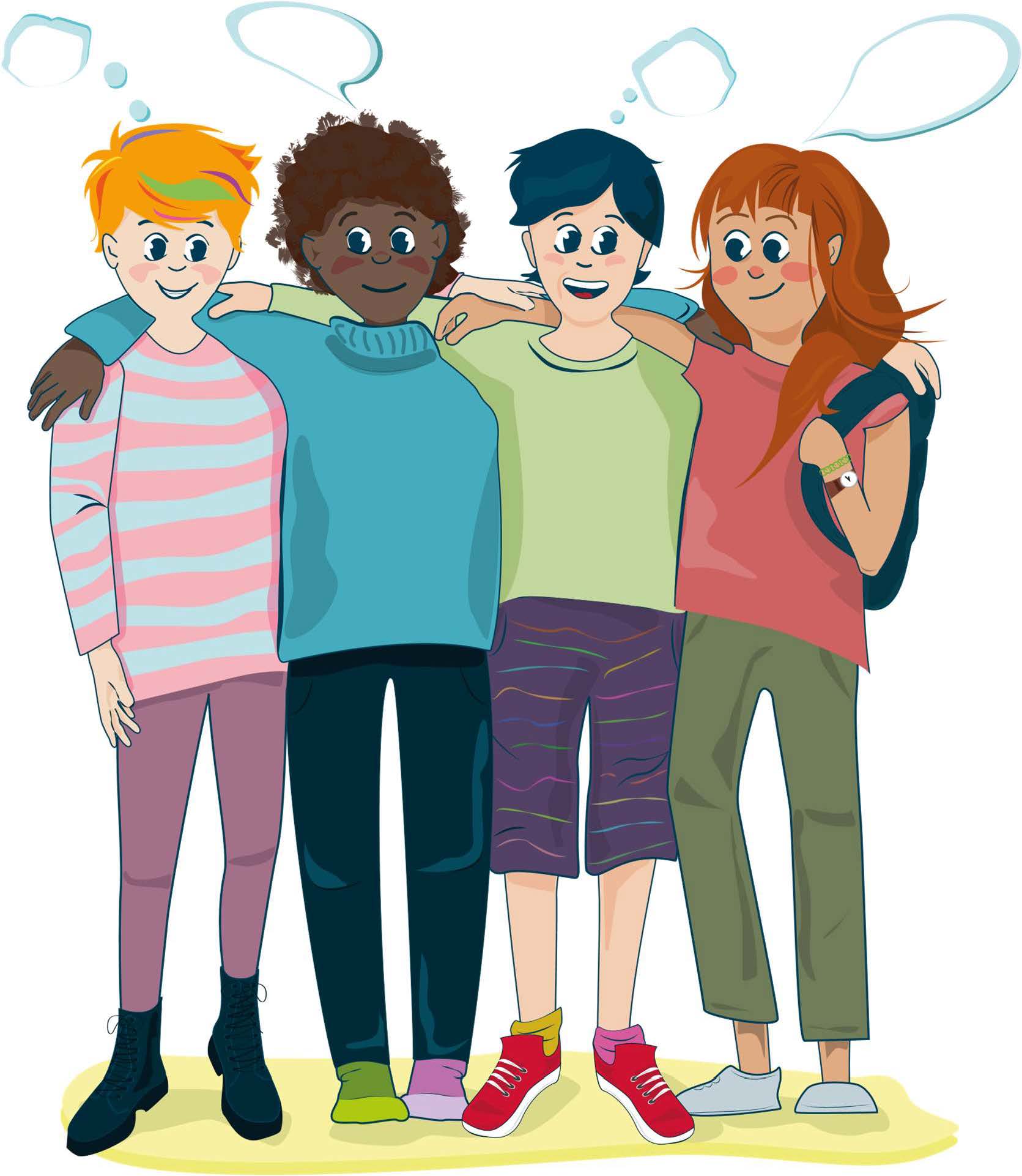 Neljä nuorta seisoo kaulakkain ja iloisina mietteissään.