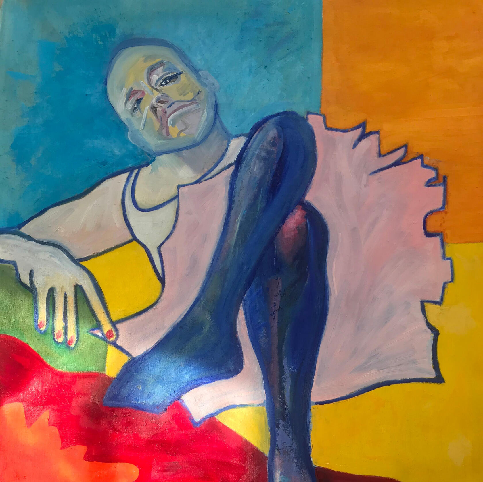 Målning av man i tyllkjol som sitter ner tillbakalutad med benen i kors och tittar på betraktaren.