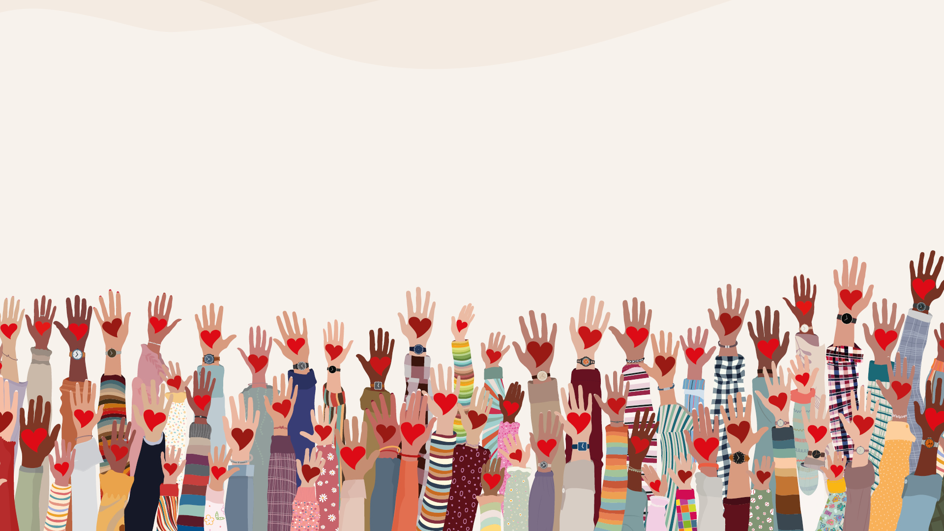 Händer av olika färg sträcks upp tillsammans. Alla händer har ett hjärta på sig.