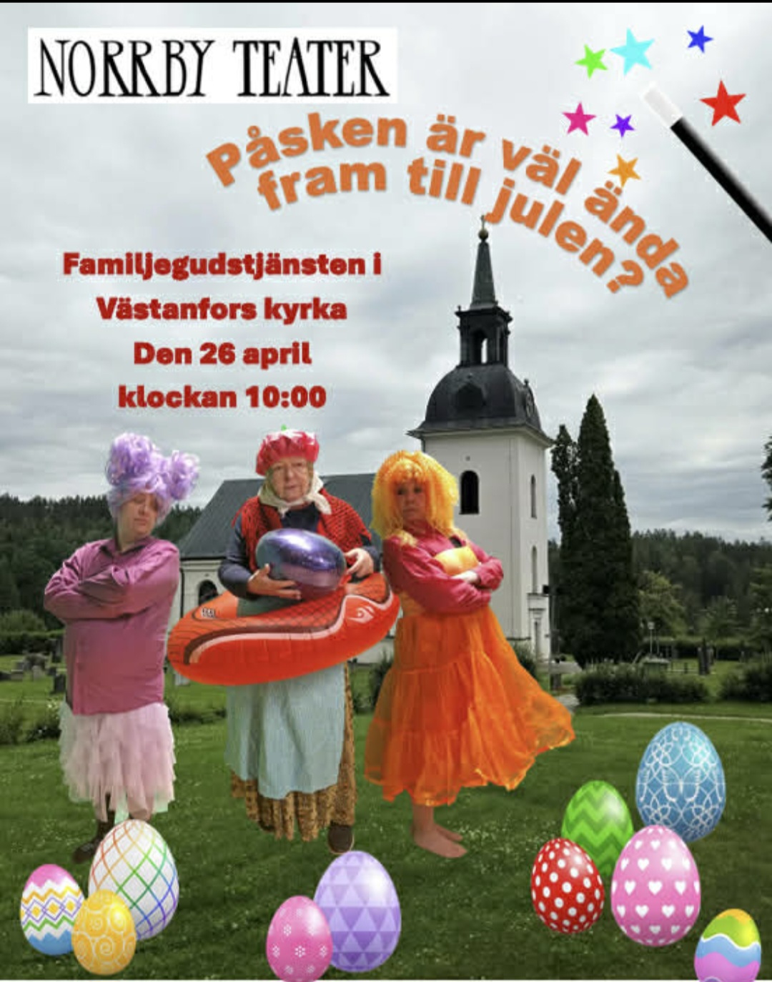 Affisch med en teatergrupp och en kyrka