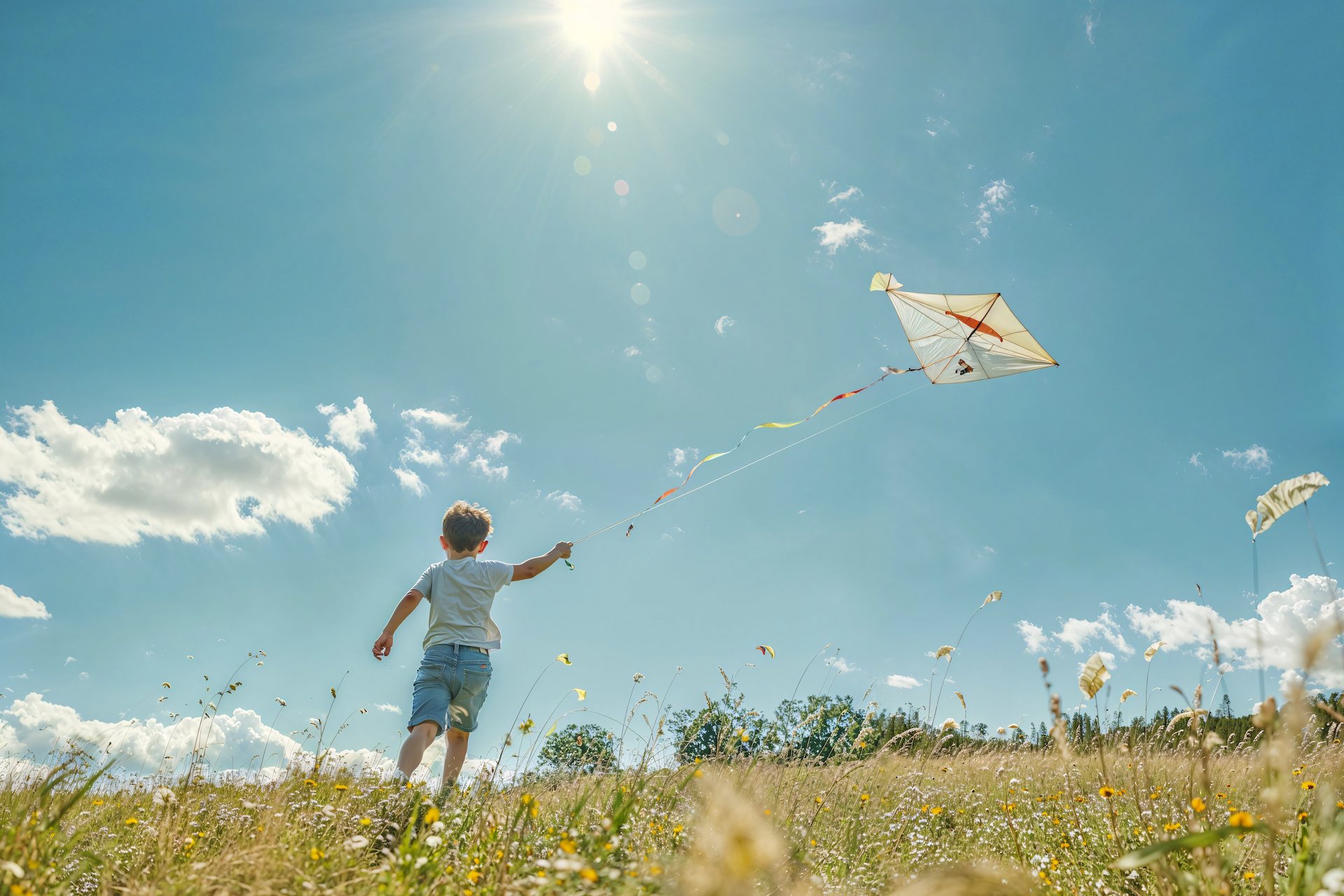 Barn flyger drake mot sommarhimmel