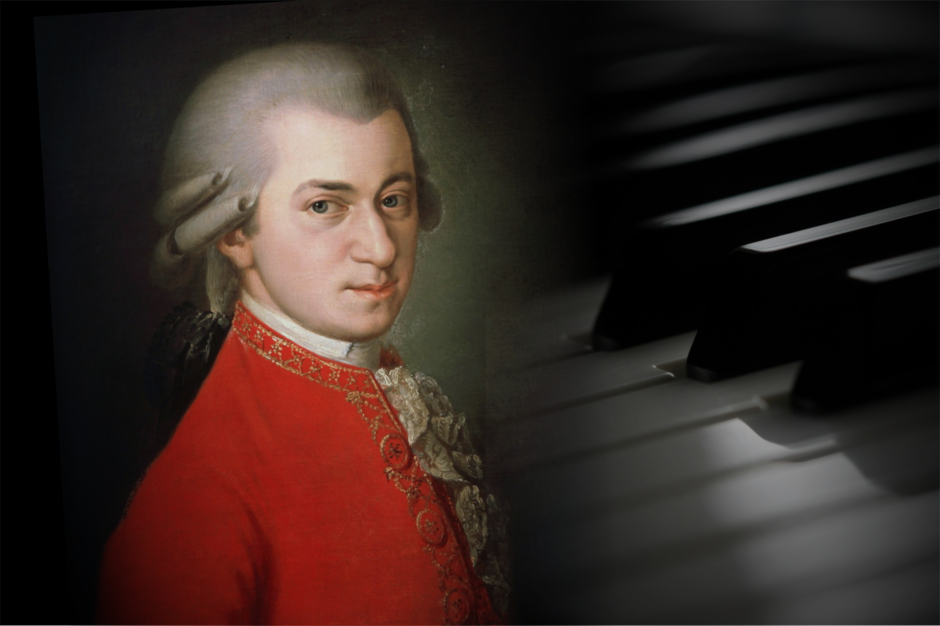 Porträtt av Mozart. I bakgrunden anas pianotangenter.