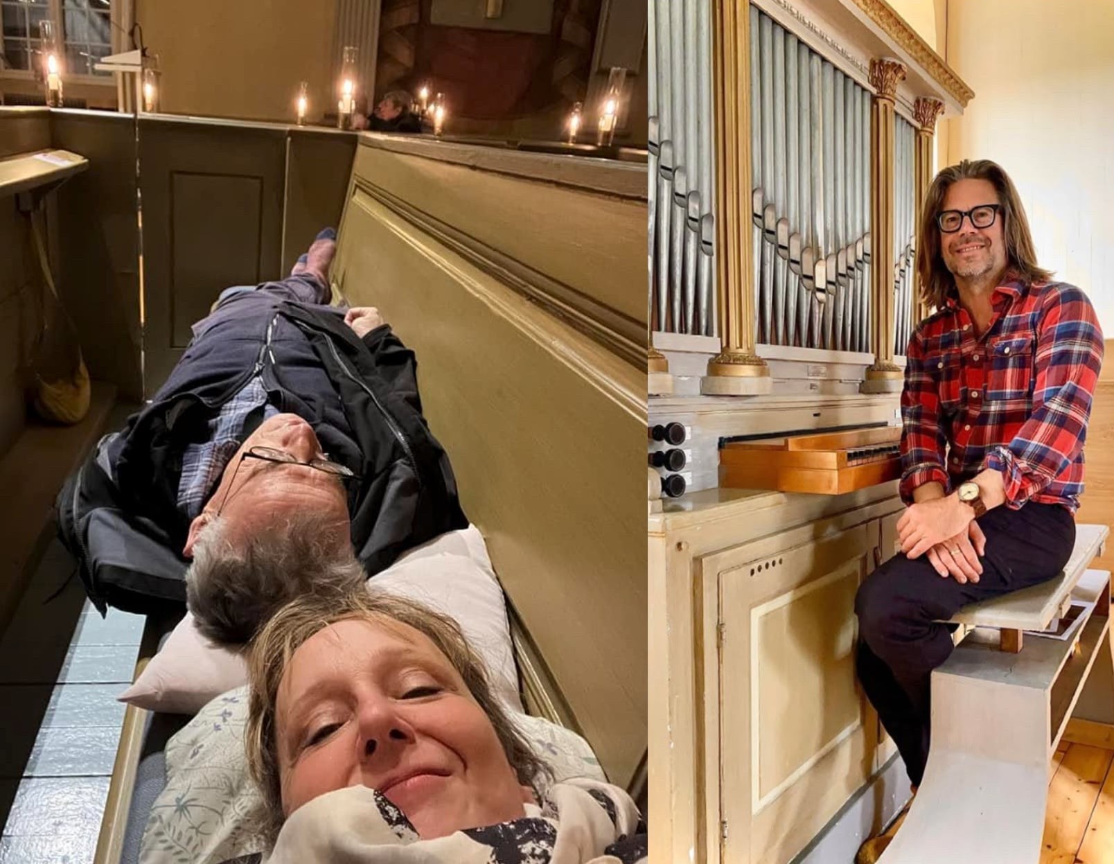 2 personer som vilar på en kyrkbänk