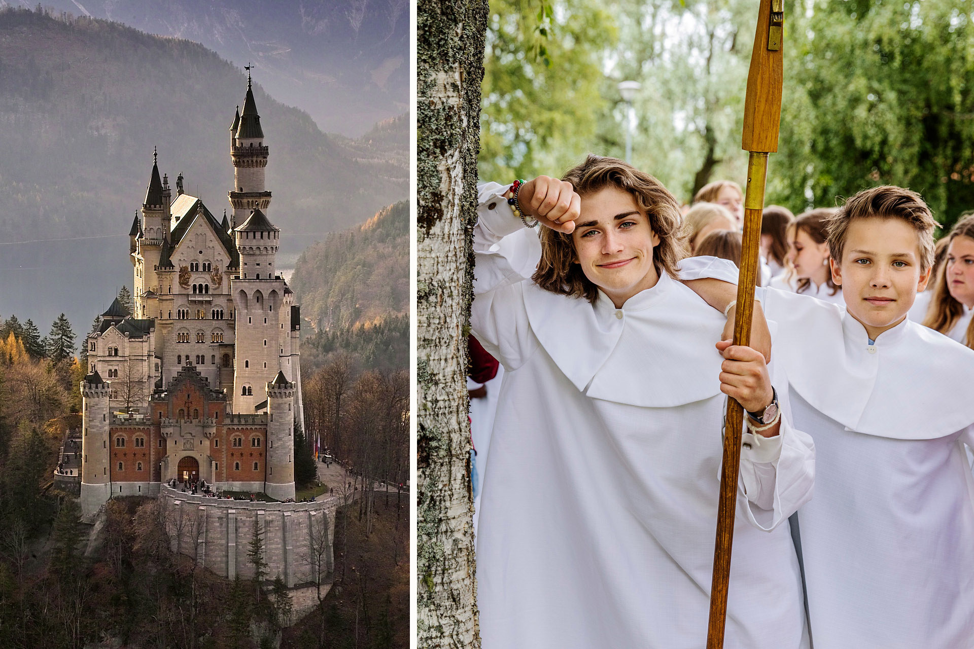 Halva bilden är på slottet Neuschwanstein i södra Tyskland. Andra halvan är två konfirmander som tittar in i kameran. 