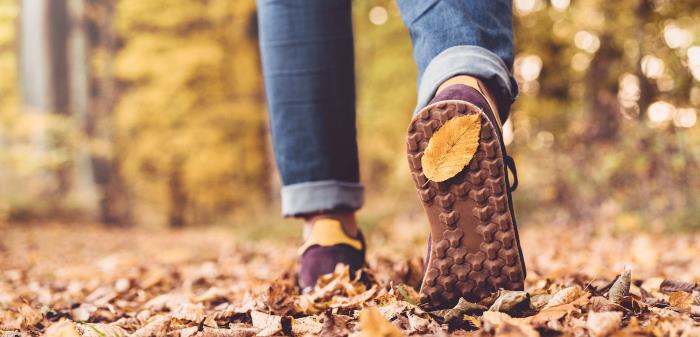 Bilden visar en person från knäna och neråt. Personen är klädd i jeans och sneakers och går i höstlöv.