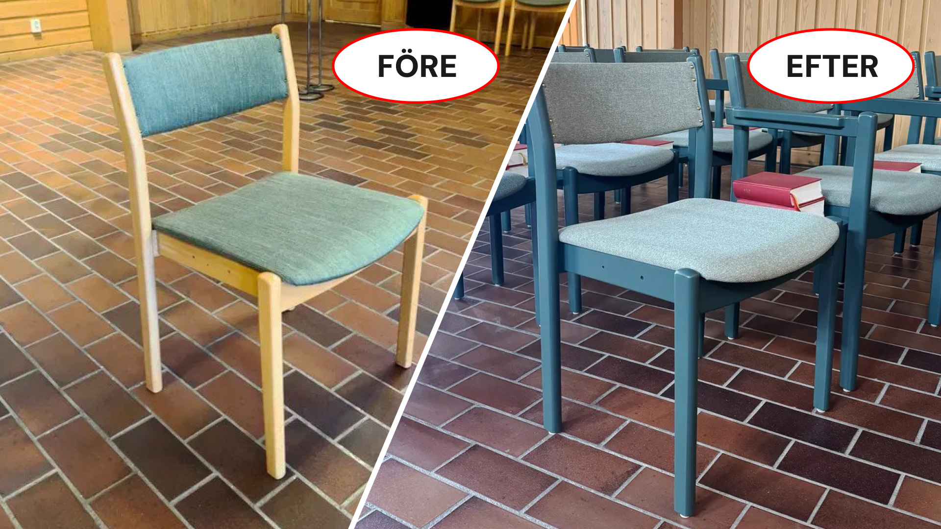En tvådelad bild som visar samma stol, före och efter ommålning