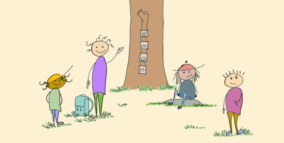 Illustration med fyra barn framför ett träd där fyra bilder hängst upp på en grenängda bilder