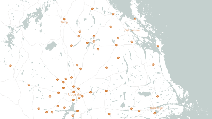 Kartbild över Uppland med markerade platser