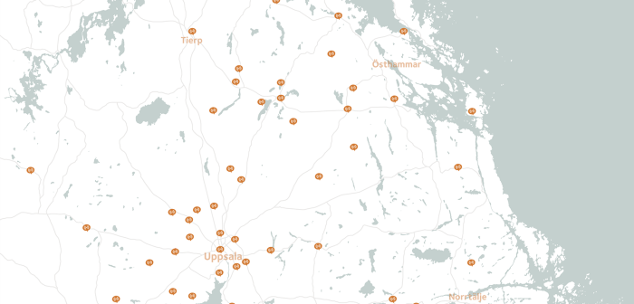 Kartbild över Uppland med markerade platser