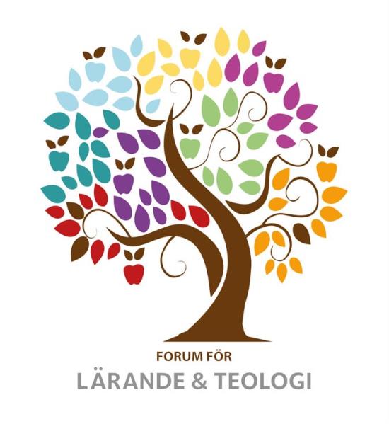 Ett illustrerat träd med löv i olika färger. Under står orden "Forum för lärande och teologi"