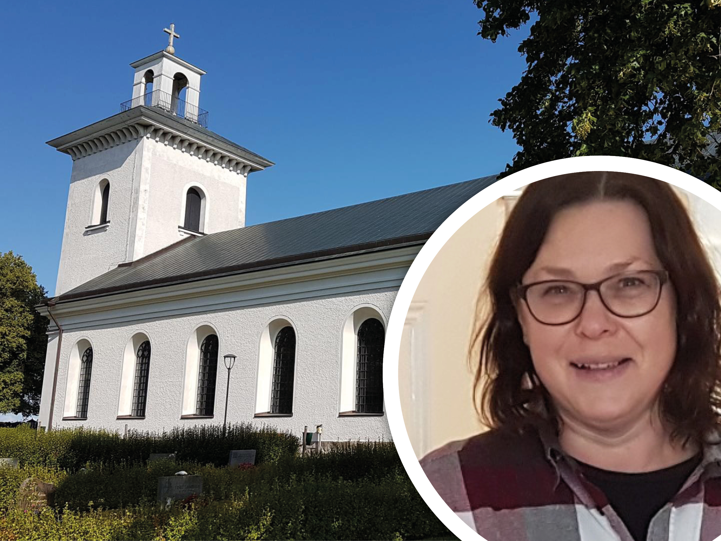 Västra Husby kyrka och Helen Lilja, fastighetsansvarig i Östra Ryds församling (montage)
