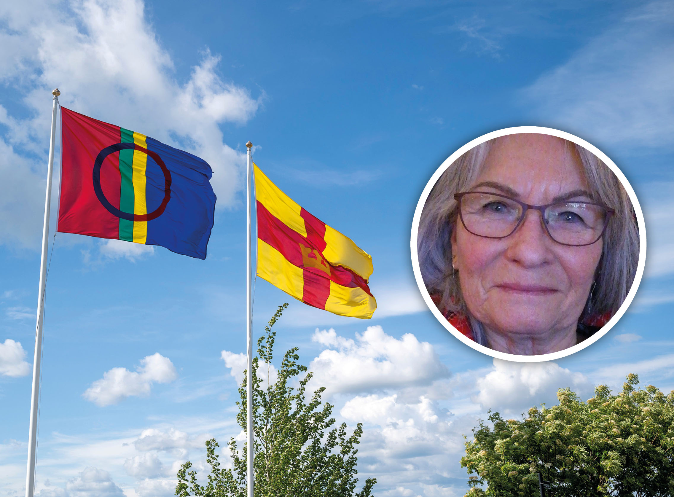 Bildmontage: Carina Sarri i cirkel med foto på samernas och Svenska kyrkans flaggor mot blå himmel