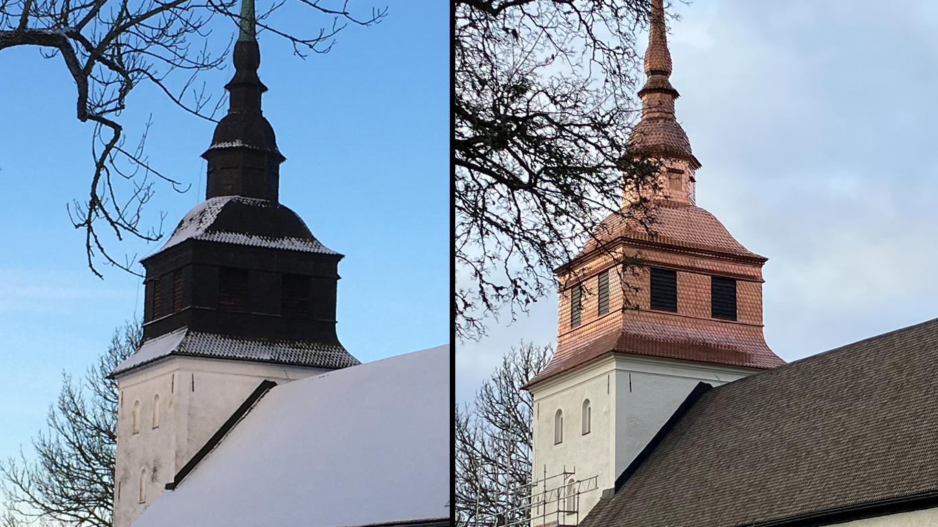 Två bilder av tornet på Vansö kyrka. En bild föreställer tornet före takrenovering och en bild efter takrenovering.
