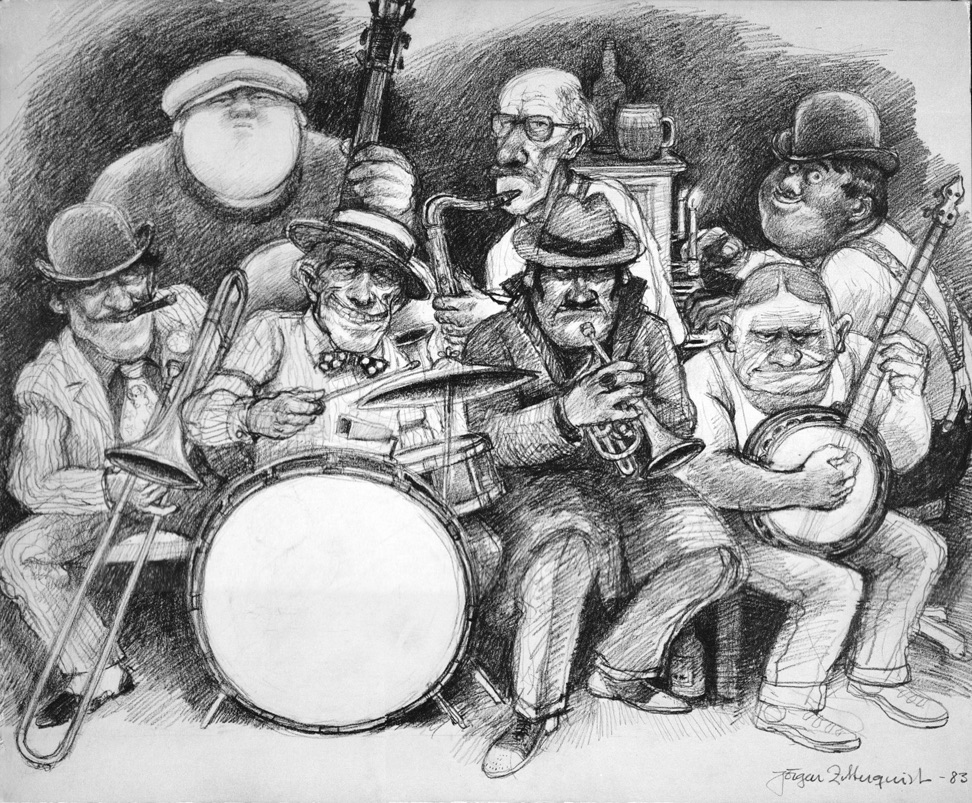 Tecknad bild föreställande ett jazzband.