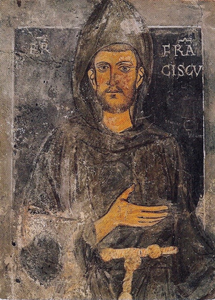 Top part of the oldest portrait of St. Francis, a mural painting in the sacred grotto “St. Benedict's Cave” in Subiaco.