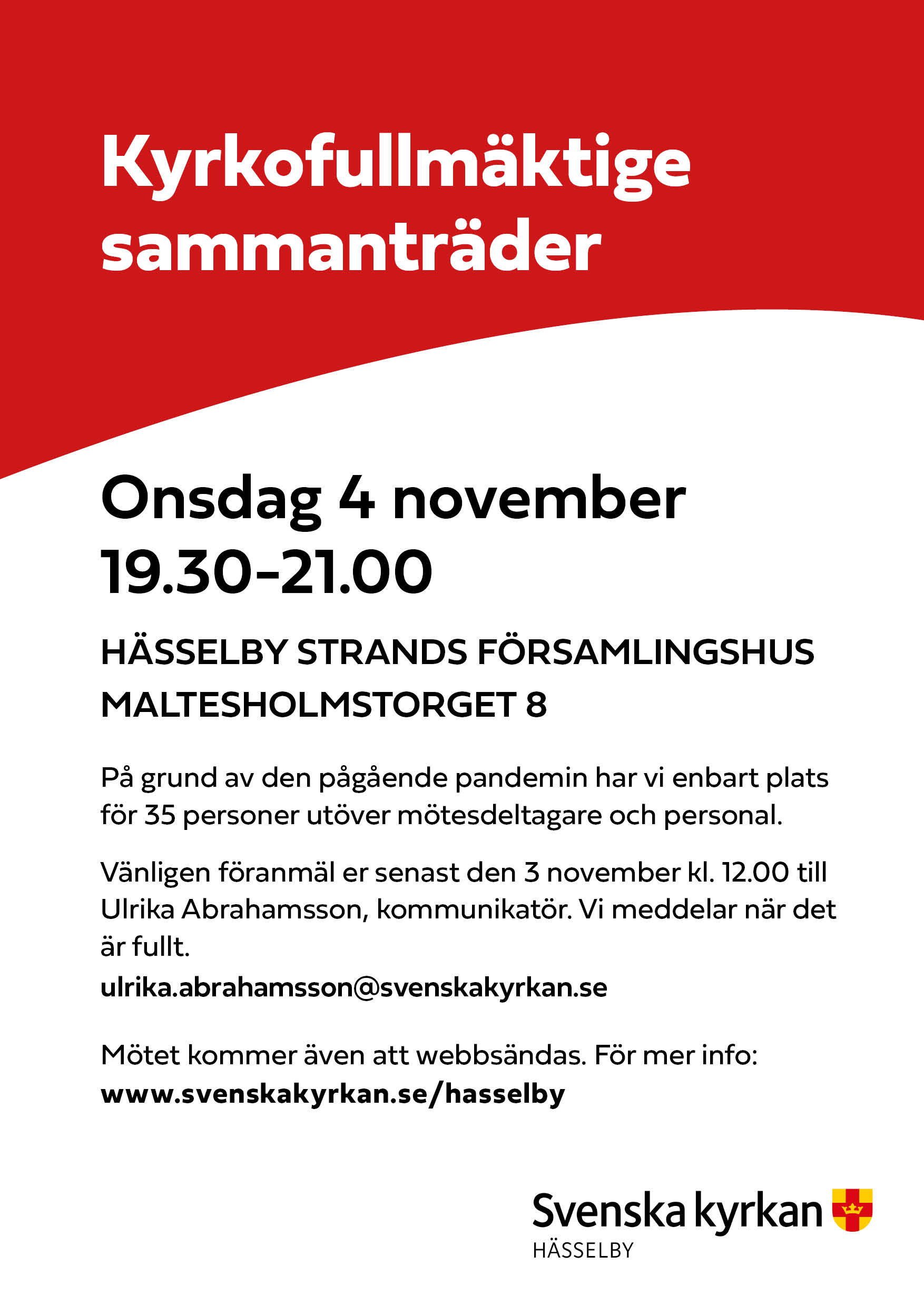 Kyrkofullmäktige sammanträder 4 oktober kl. 19.30 i Hässelby Strands församlingshus