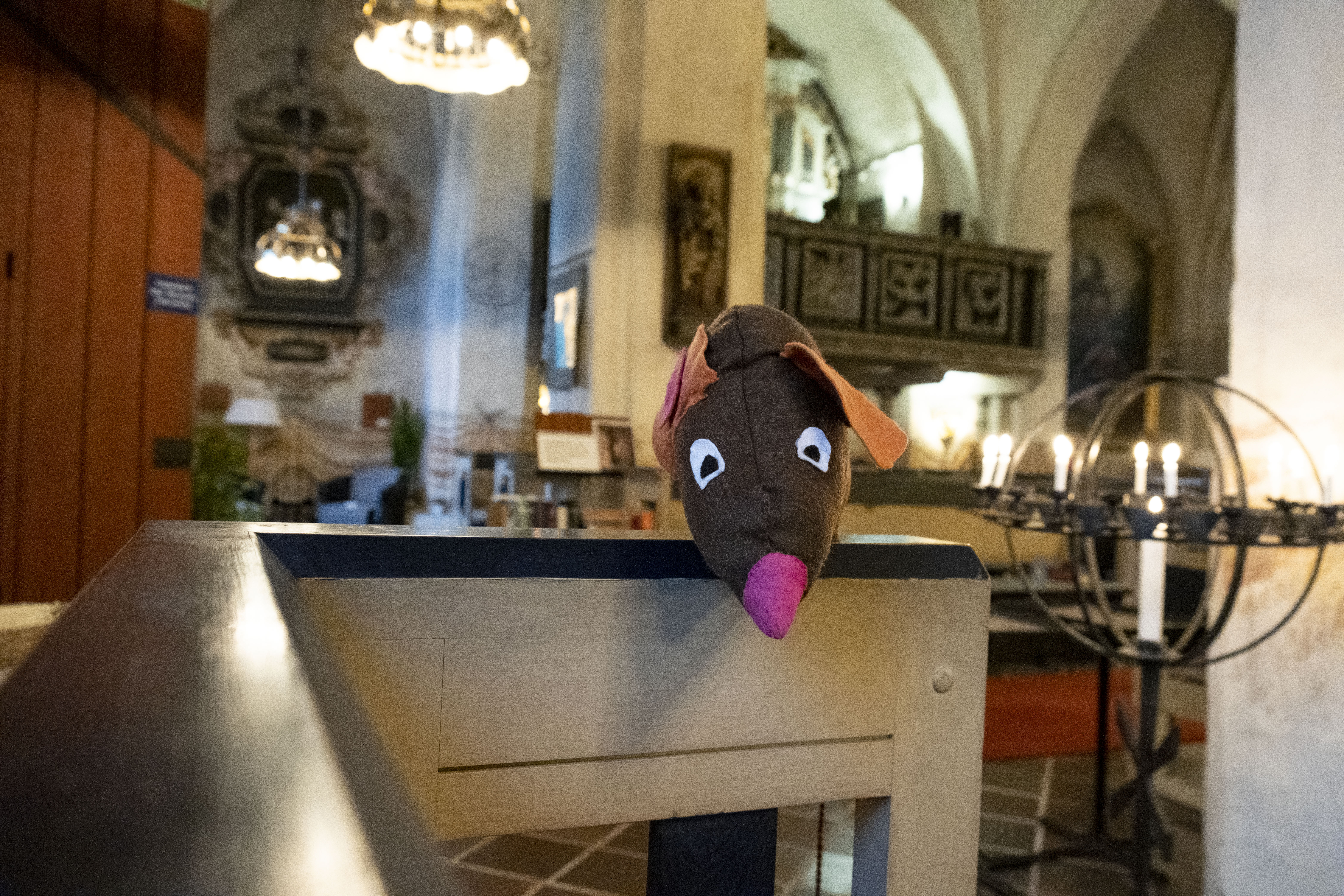 Torshälla kyrka, en kyrkmus (gosedjur) ligger på ryggstödet på en bänk. Orgelläktaren syns i bakgrunden.