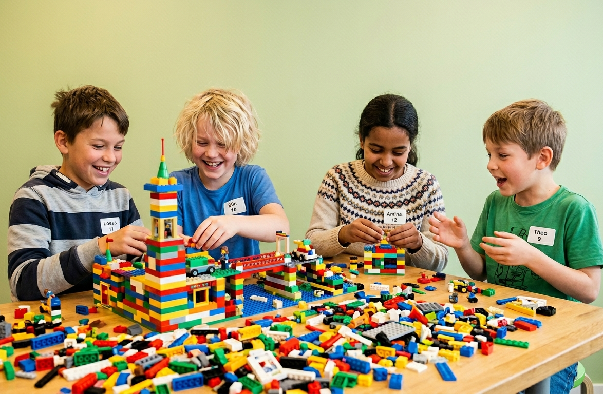 barn som sitter runt ett bord och bygger med lego