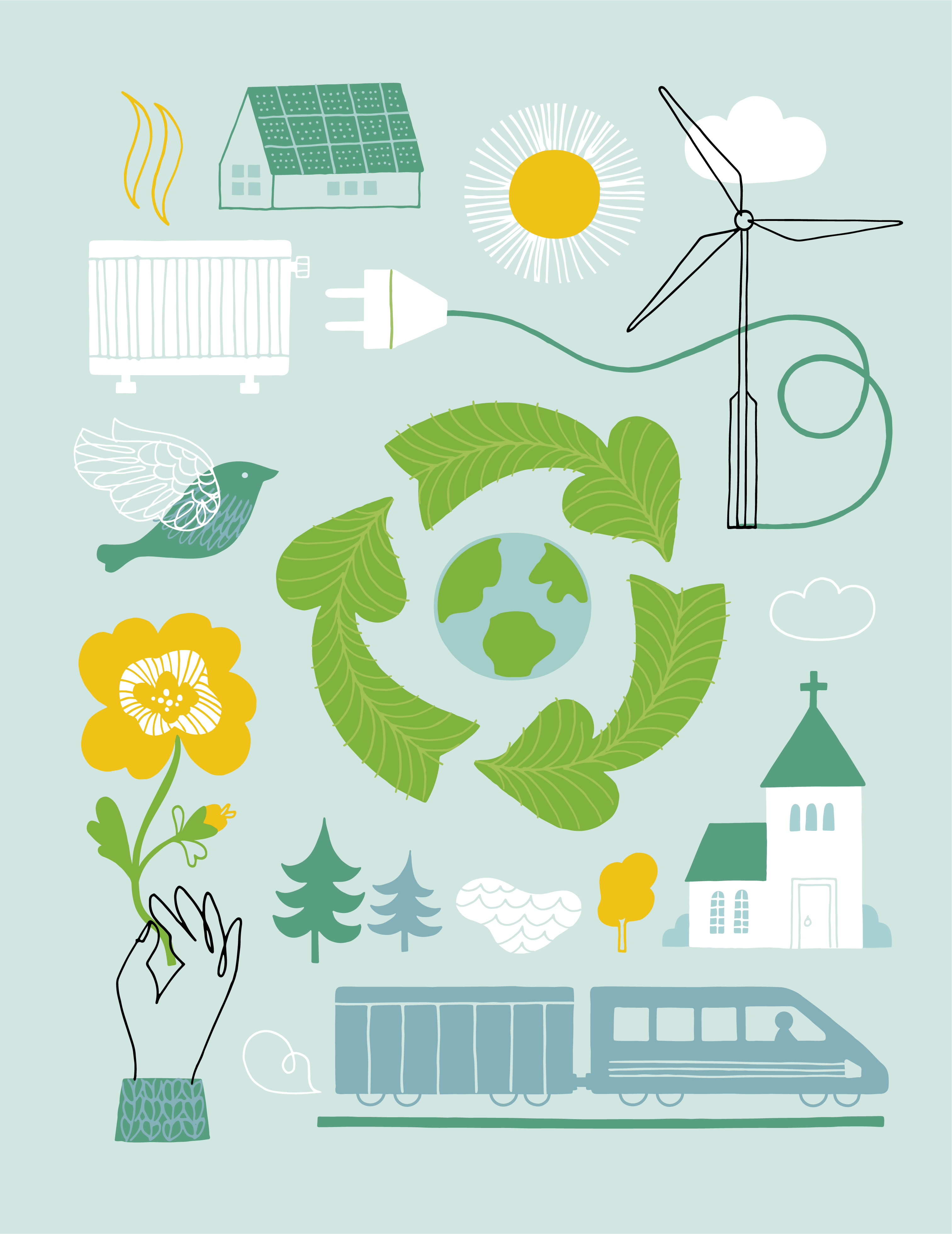 illustration på växt, kyrka, tåg och vindkraftverk