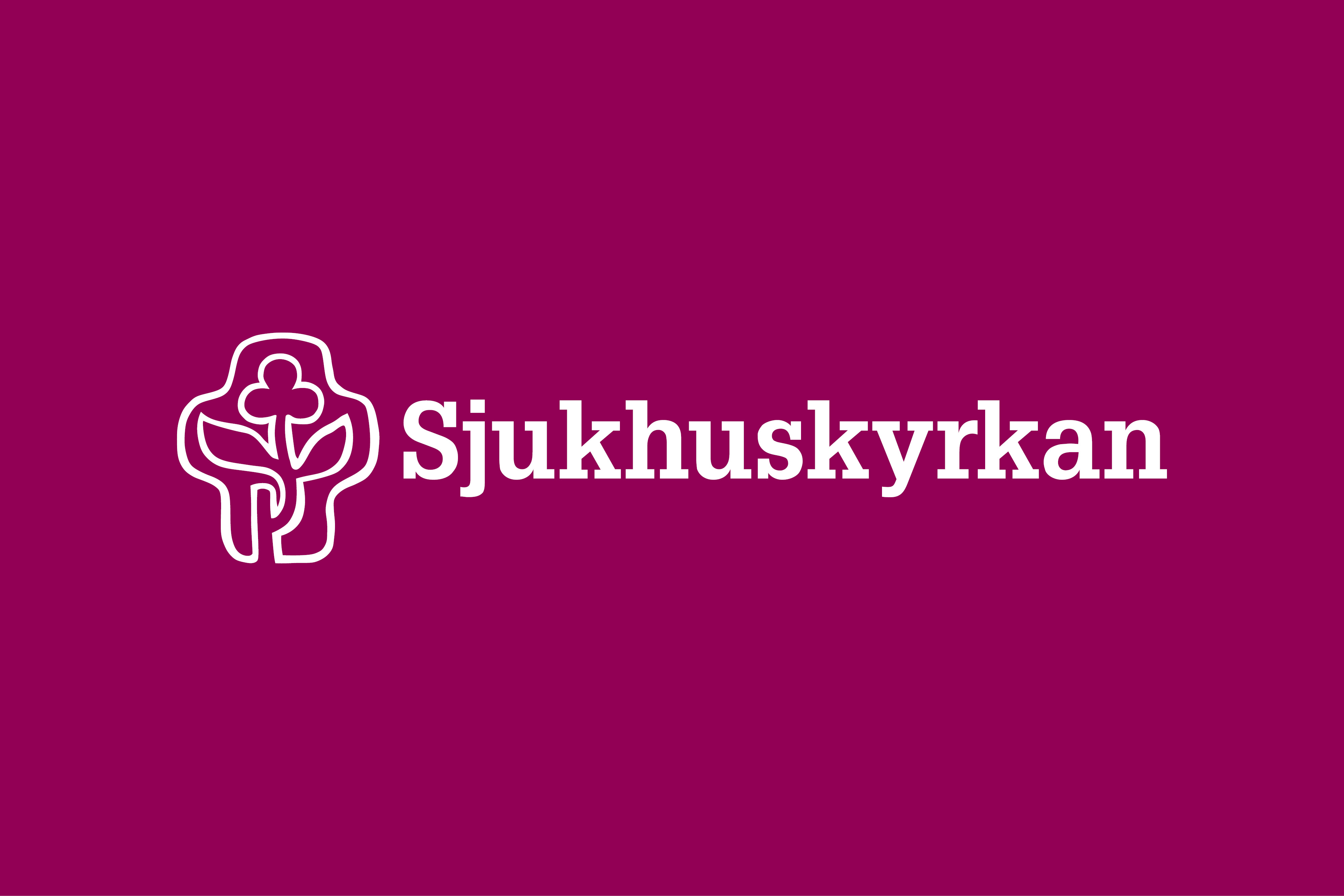 Sjukhuskyrkans logo i vitt på lila bakgrund