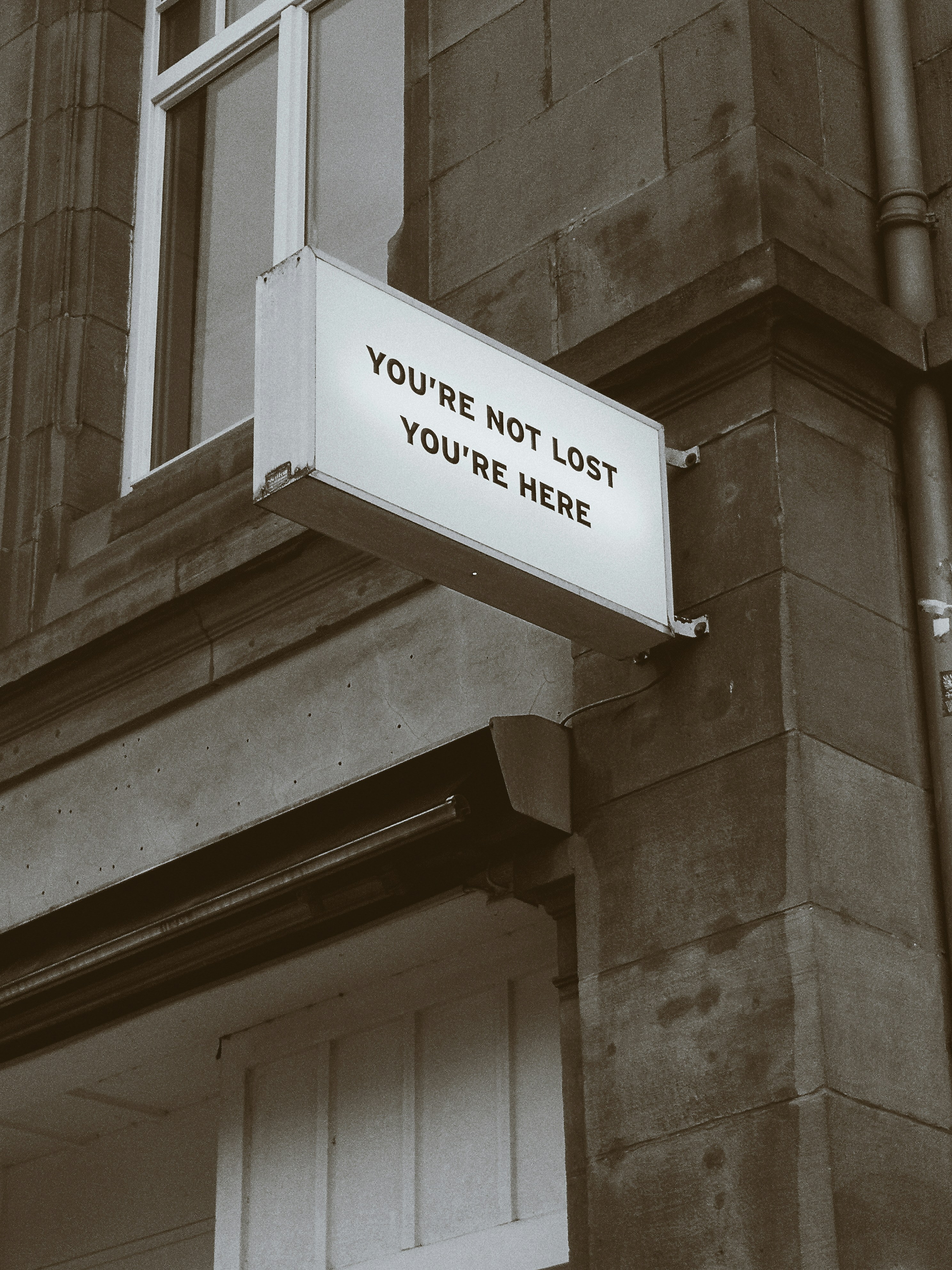 Bild på en skylt med texten You´re not lost, you´re here