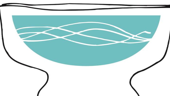 Illustration av en dopskål med blått vatten i.